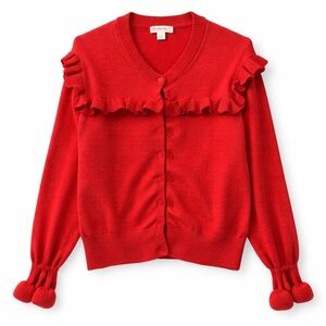 Crewcuts Red Ruffle Trim Cardigan Sweater Sparkle Pom Pom Sleeve Girls Size 14